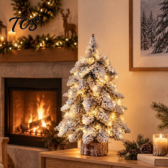 Indoor Small Decorative Pine Trees Mini Flocked Christmas Tree with LED Lights, Tabletop Nordic Holiday Party Home Office Decoration Wood Base, Rustic