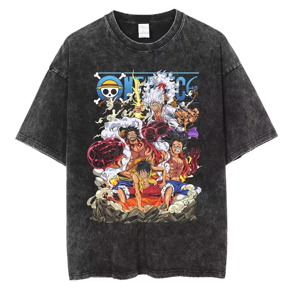 Nika Luffy Gear  ONE PIECE Anime Harajuku Retro Washed Tshirt  Cotton Men Streetwear Women Short Sleeves Unisex Top