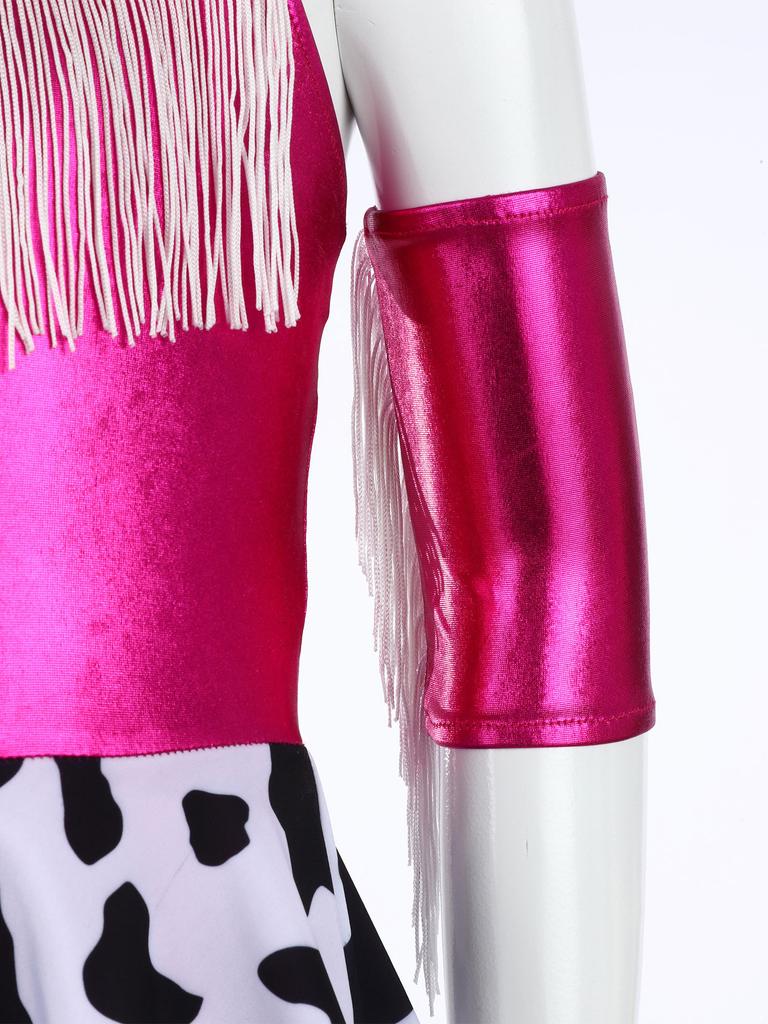 Girls Cowgirl Costume for Cosplay Party Metallic Gloss Cross Back Straps Fringed Dress with Built-in Shorts