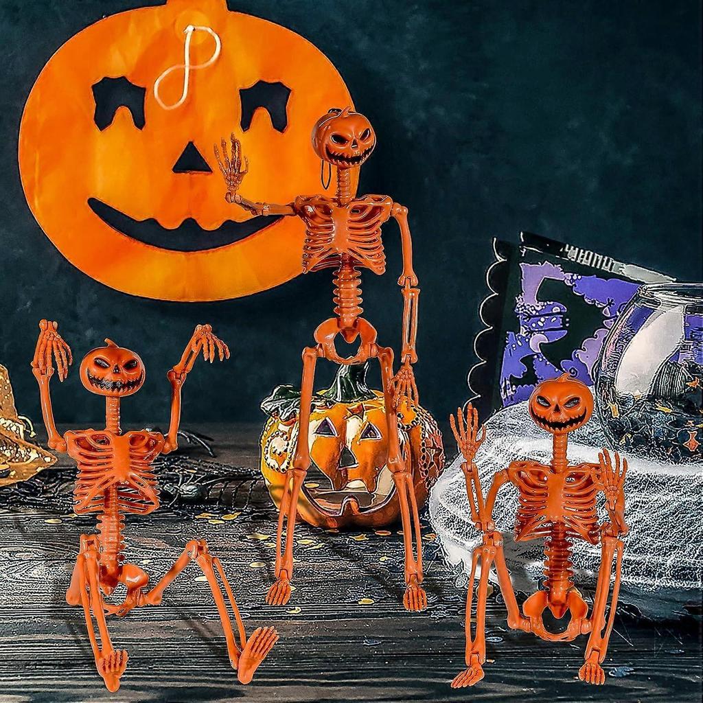 2 PEZZI Scheletro Arancione con Testa di Zucca Decorazioni Scheletriche di Halloween 2 Scheletri Realistici a Grandezza Naturale per Halloween con Articolazioni Mobili Posizionabili per Ind