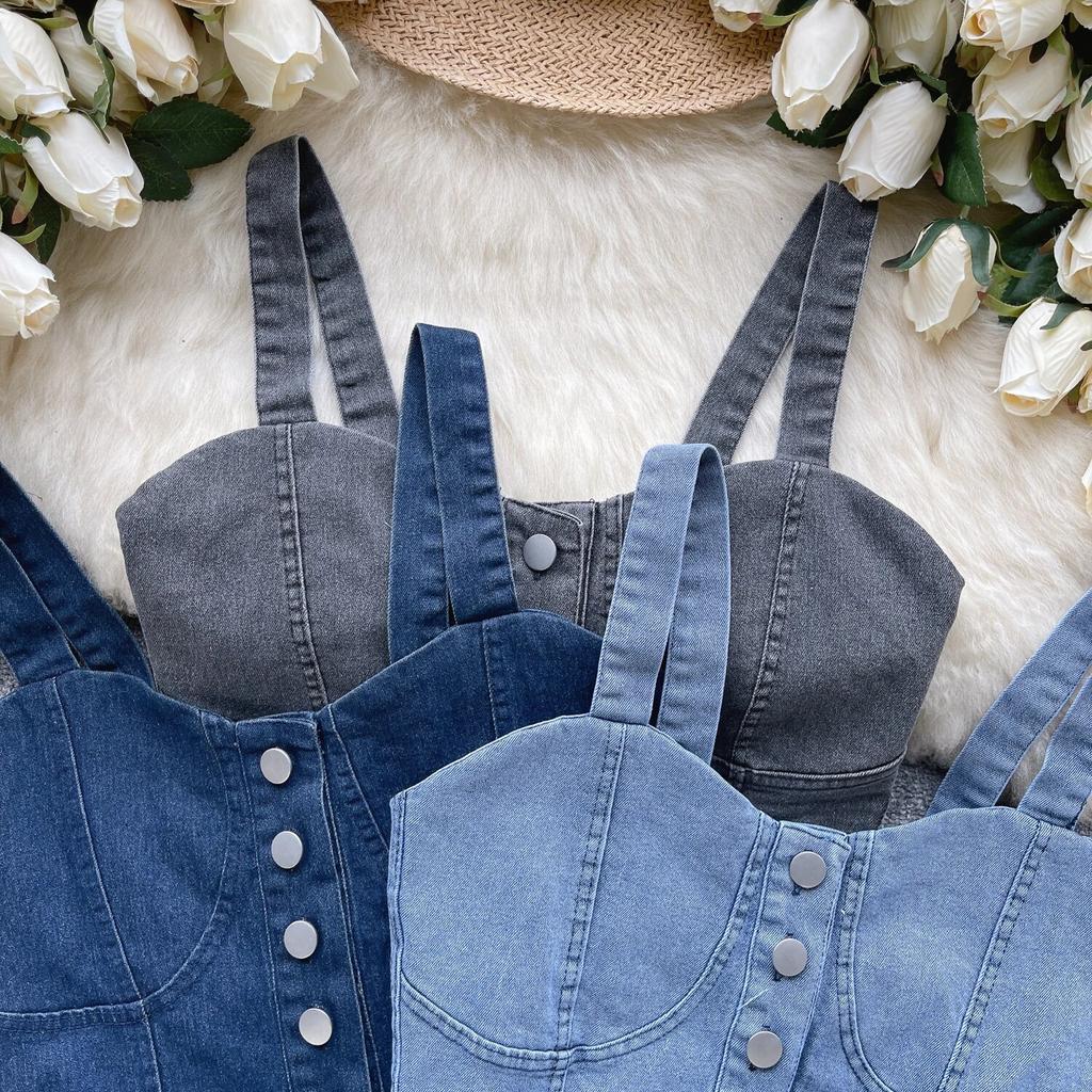 Hongkongský styl Retro Džínový top Dámský Design Jednořadé Slim fit Krátký Pupík Sexy Gyaru Sle Cami Móda