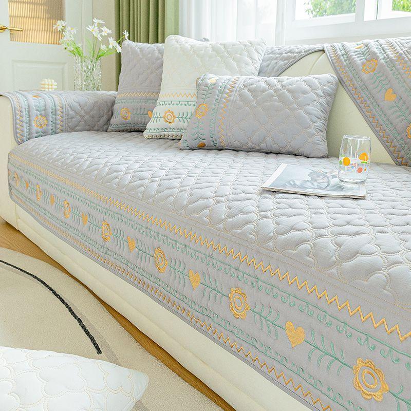 Broderi Sofatrekk 100% Bomull Stuesofa Pute Sklisikker Ensfarget Stoff Universalt Putetrekk Sofatrekk