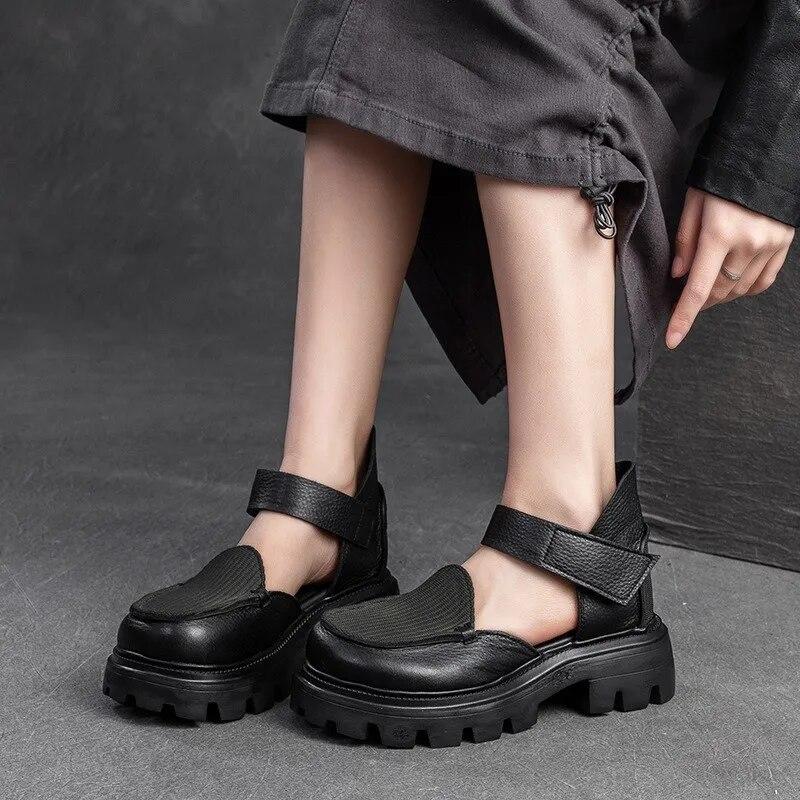 Johnature Sandali retrò con suola spessa Scarpe da donna versatili con chiusura a strappo in vera pelle