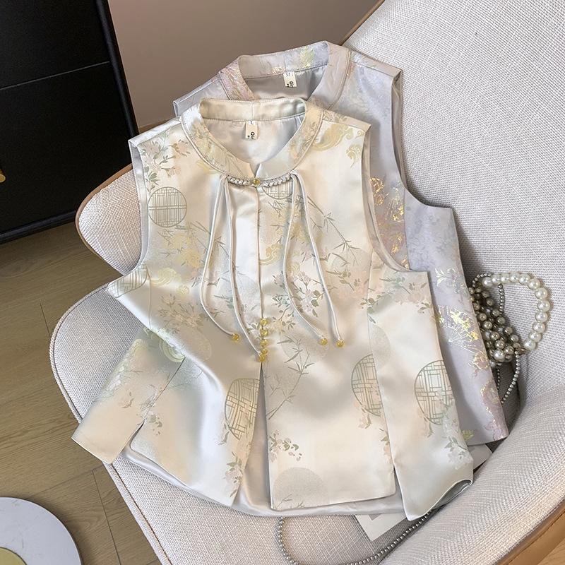 

Satin Chinese Style Sleeveless Women s Vest with Pan Buckle - Autumn/Spring L