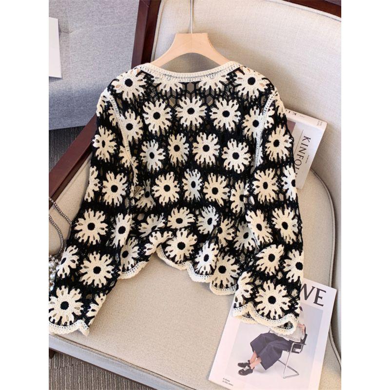 Women Clothing Chubby Girl Spring and Summer New Round Neck French Style Hollow Perspective Long Sleeve Knit Cover Up Sweater Sun Protection Shirt