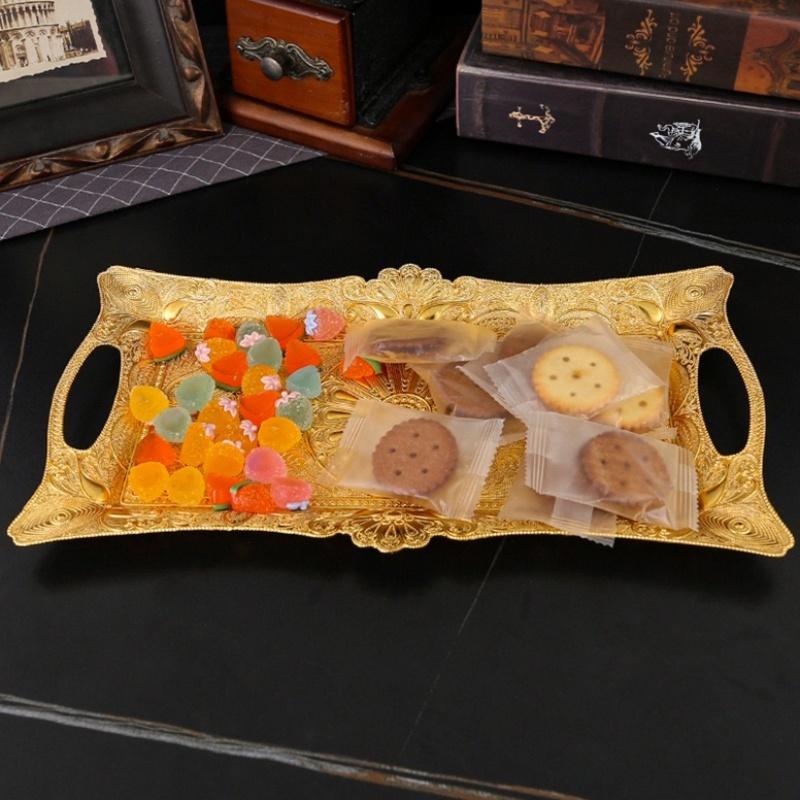 Exquisite European Metal Tray With Ear Flat Rectangular Plate Palace Golden Peacock Design For Home Decor