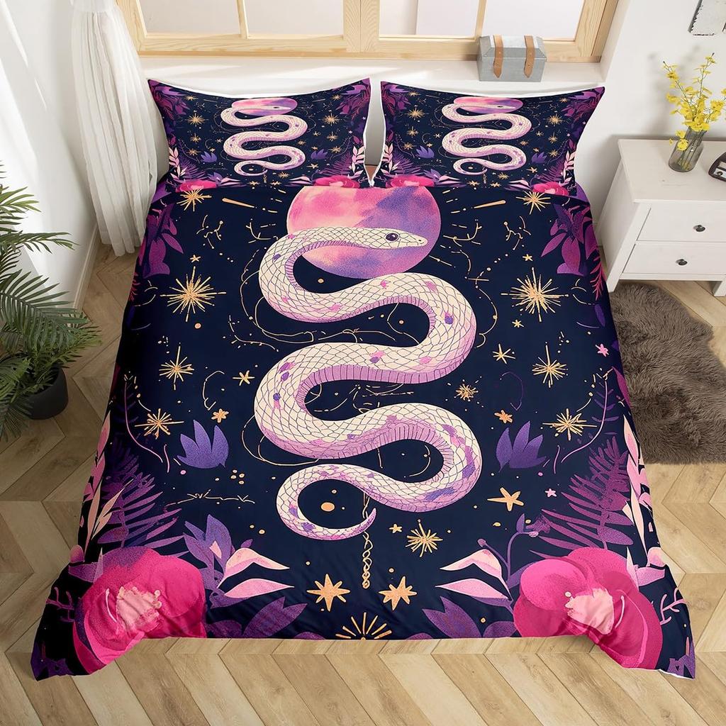Exotisches Schlangen Bettwäsche-Set Bohemian Sonne und Mond Bettwäsche-Set Ultra Weich Tierwelt Romantischer Rosenstil Deckenbezug 2/3 Teile