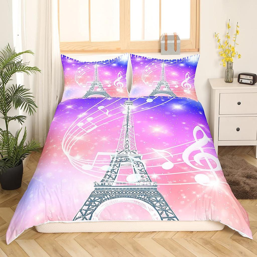 Eiffel Tower Duvet Cover Set King Size Paris Tower Bedding Set For Boy Girl Polyester Paris Cityscape Wooden Texture Quilt Cover