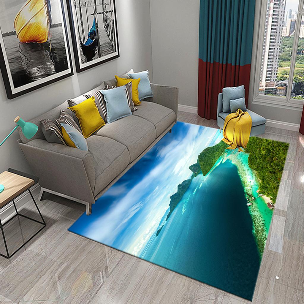3D Tropical Island Ocean Beach Print Carpet for Kitchen Bathroom Living Room Bedroom Non-slip Absorbent Modern Home Decor Carpet