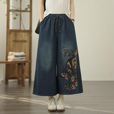 Plus größe dünne Vintage stickerei tier floral hohe taille lässig lose Frauen sommer jeans denim breite bein Hosen