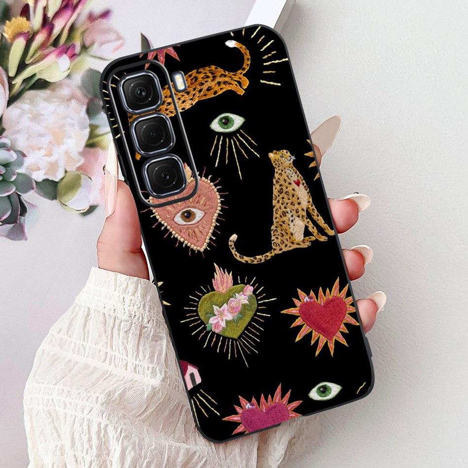 For Infinix Hot 50 4G Phone Case Hot 50 Pro+ 4G Hot50 Pro Elegant Floral Cat Pattern Black Silicone Soft TPU Cases