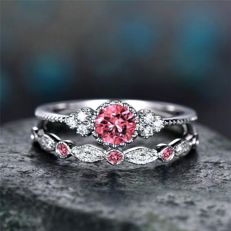 Stilvolles & Vielseitiges Zirkon Damen Rosa Edelstein Ring Set
