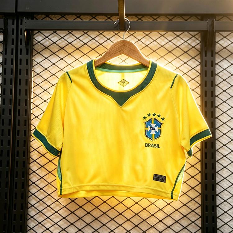 Maglia da Casa Brasile Crop Top Donna Estate Casual Manica Corta Fan di Calcio