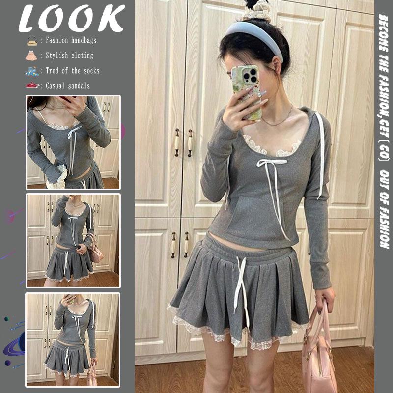 

Lace Patchwork Gray T-Shirt Hoodie & A-Line Midi Skirt Set - Women s Casual Two-Piece for Autumn/Winter L [Premium Quality]