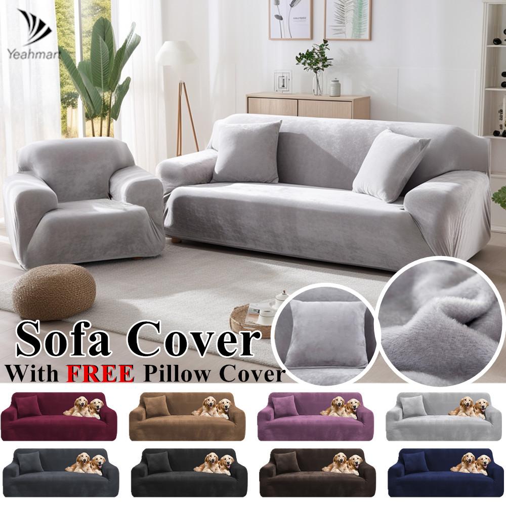 Stretch Velvet Plush Sofa Slipcover Furniture Protector Cushions Cover with Elastic Band Washable Home Recliner Chair Covers