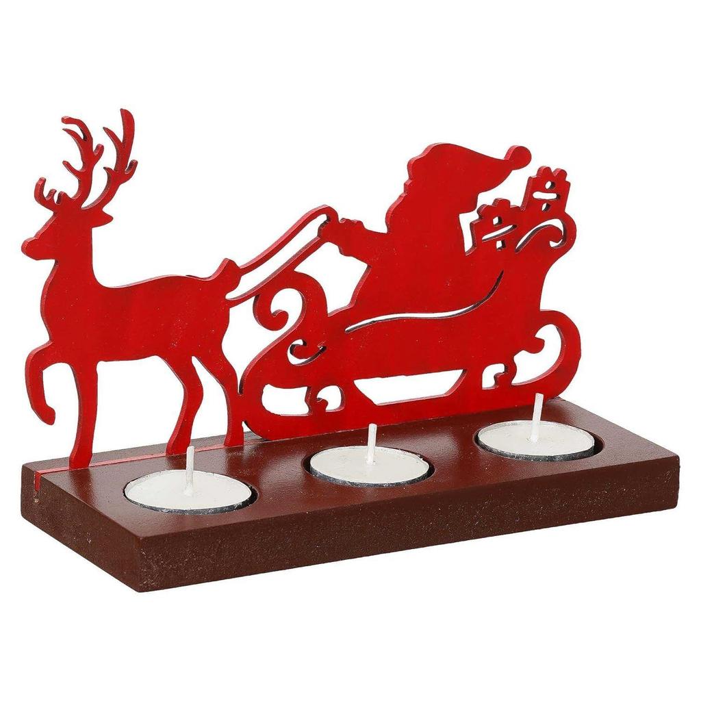 Santa Clause with Reindeer Sleigh Showpiece Decorative Tea Light Candle Holders(Wooden, Red)| Christmas Decoration Items