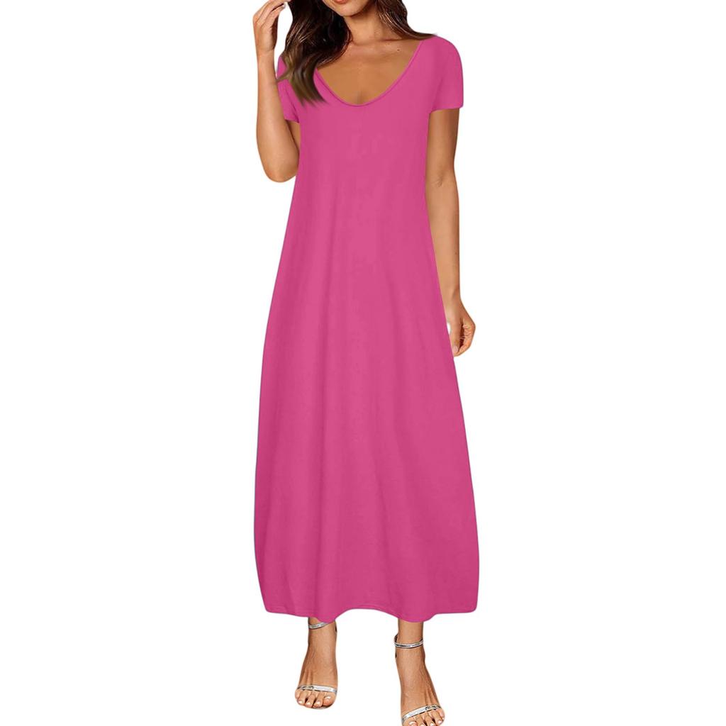 Women's Summer Plus Size Solid Color Sexy Short Sleeve With Pockets Loose Dresses