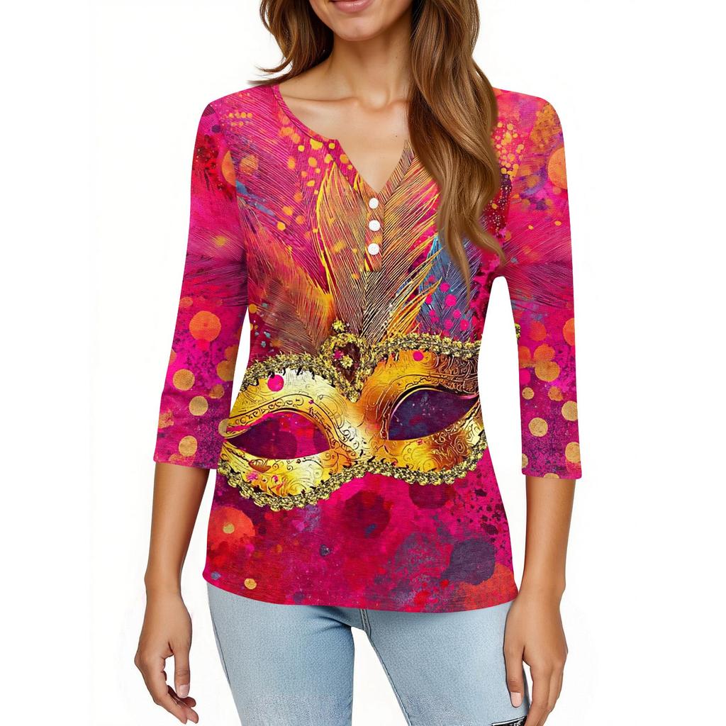 Women's T Shirt Print Button 3/4 Sleeve Daily Weekend Fashion Basic V- Neck Regular Top