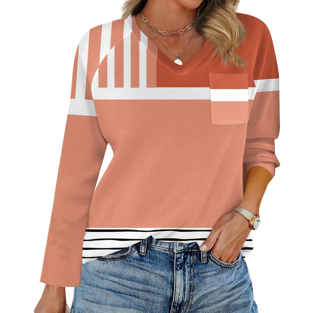Women's Raglan Long Sleeve V-Neck T-Shirt Splicing Solid Color Casual Top Pullover V-Neck Pocket Bottoming Shirt