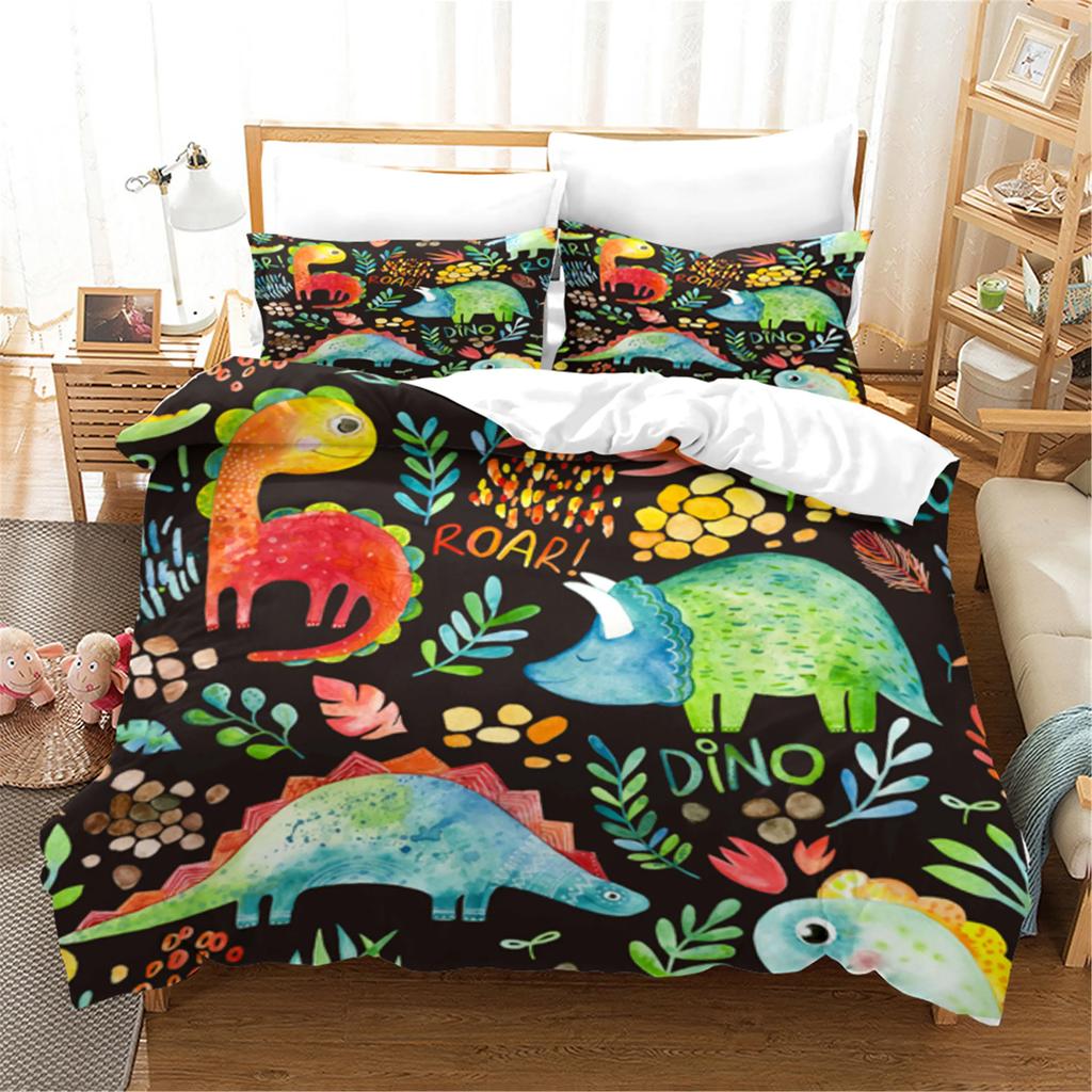Carton Dinosaur Soft Duvet Cover King Quen Children Kids Jurasic World Stegosaurus Tyranosaurus Beding Set 2/3pcs Polyester Comfortable Quilt Cover