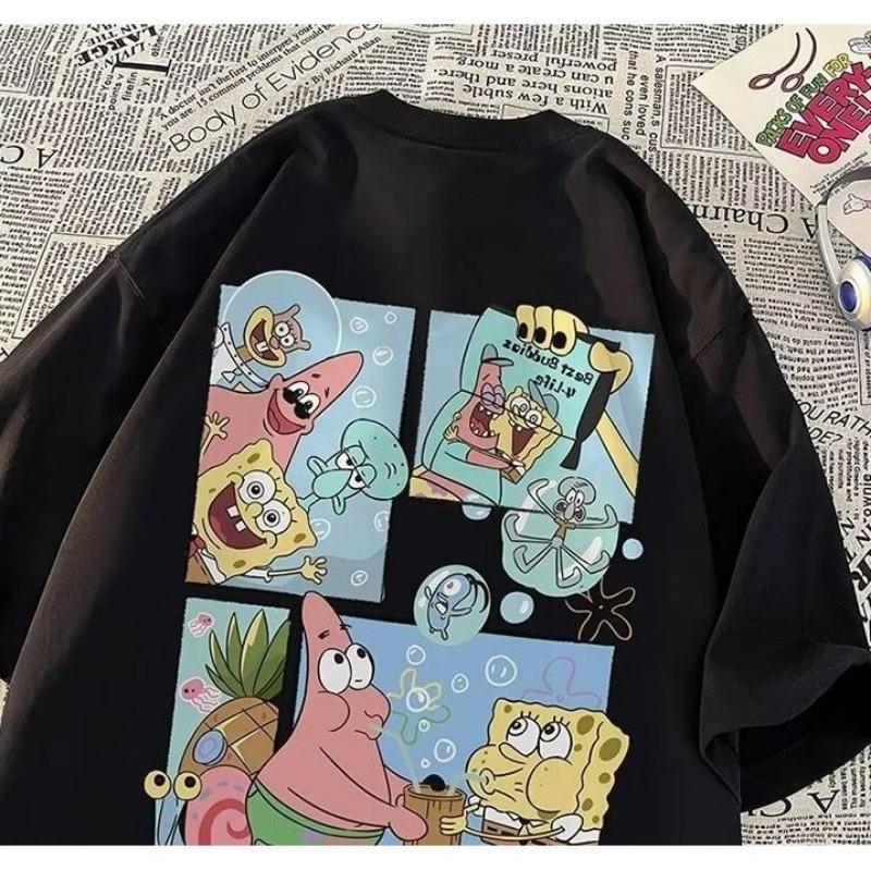 

Футболка з коротким рукавом Губка Боб Квадратні Штани Чоловіча Літня Біла Топ Студентська Футболка з круглим вирізом Рукав три чверті 5XL чорний