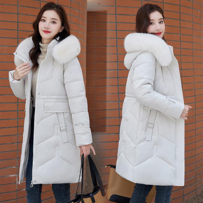 Damen mittellange und lange Baumwollkleidung mit Pelzkragen schlankes Temperament Winter neue Daunen-Baumwollpolsterkleidung warme Damenjacke