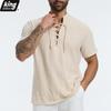 Summer Retro Men's Lace-up Neck Shirt - Cotton Linen Blend Breathable Stylish Casual Tops Solid Color Beach & Vacation Shirts In Solid Colors