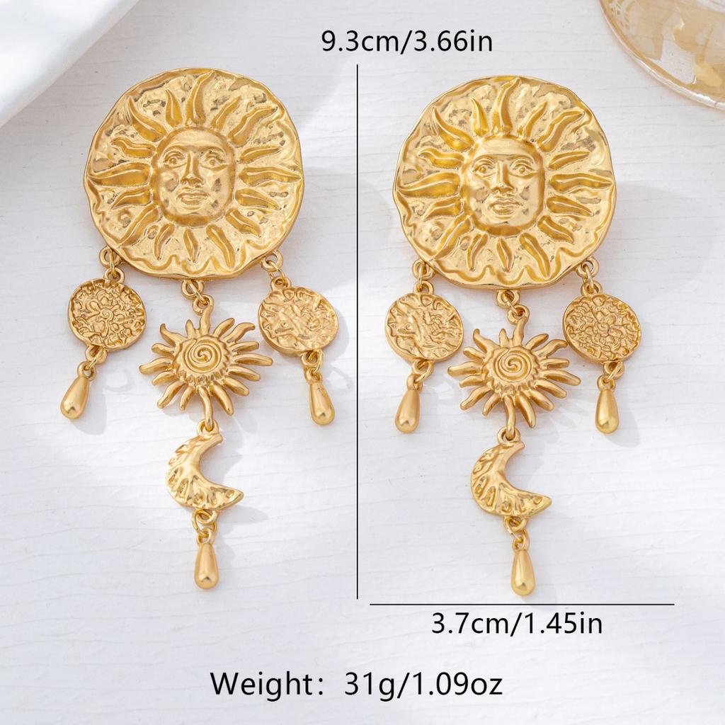 Gilded Sun Moon Tassel Earrings, Retro Astrology Embossed Niche Women Ear Ornaments