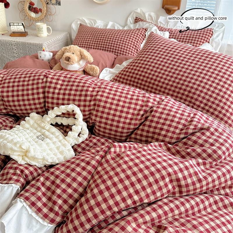 3pcs Red,black Plaid Duvet Cover Set (1*Duvet Cover + 2*Pillowcase, Without Core), Lace Embroidery Bedding Set