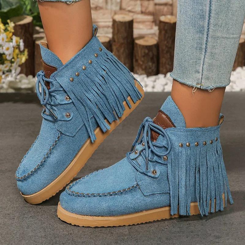 Women's Flat Cotton Boots Winter New Round Head Suede Tassel Rivet Lacing Soft Sole Anti-slip Wear-resistant Ankle Boots