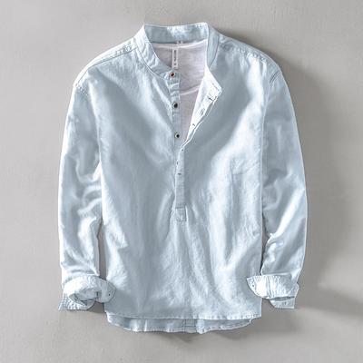Maglione con colletto alto, maniche lunghe, camicia estiva in lino, da uomo, casual, alla moda, per uomo, camicia comoda e solida, chemise da uomo