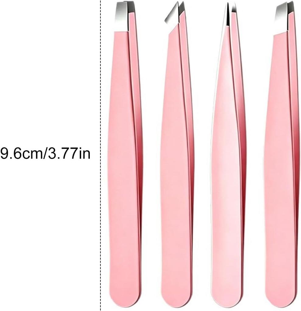 4 Pcs Professional Tweezers Set, Precision Tip for Eyebrows, Facial Hair, Splinter & Ingrown Hair, Gift for Men & Women Pink