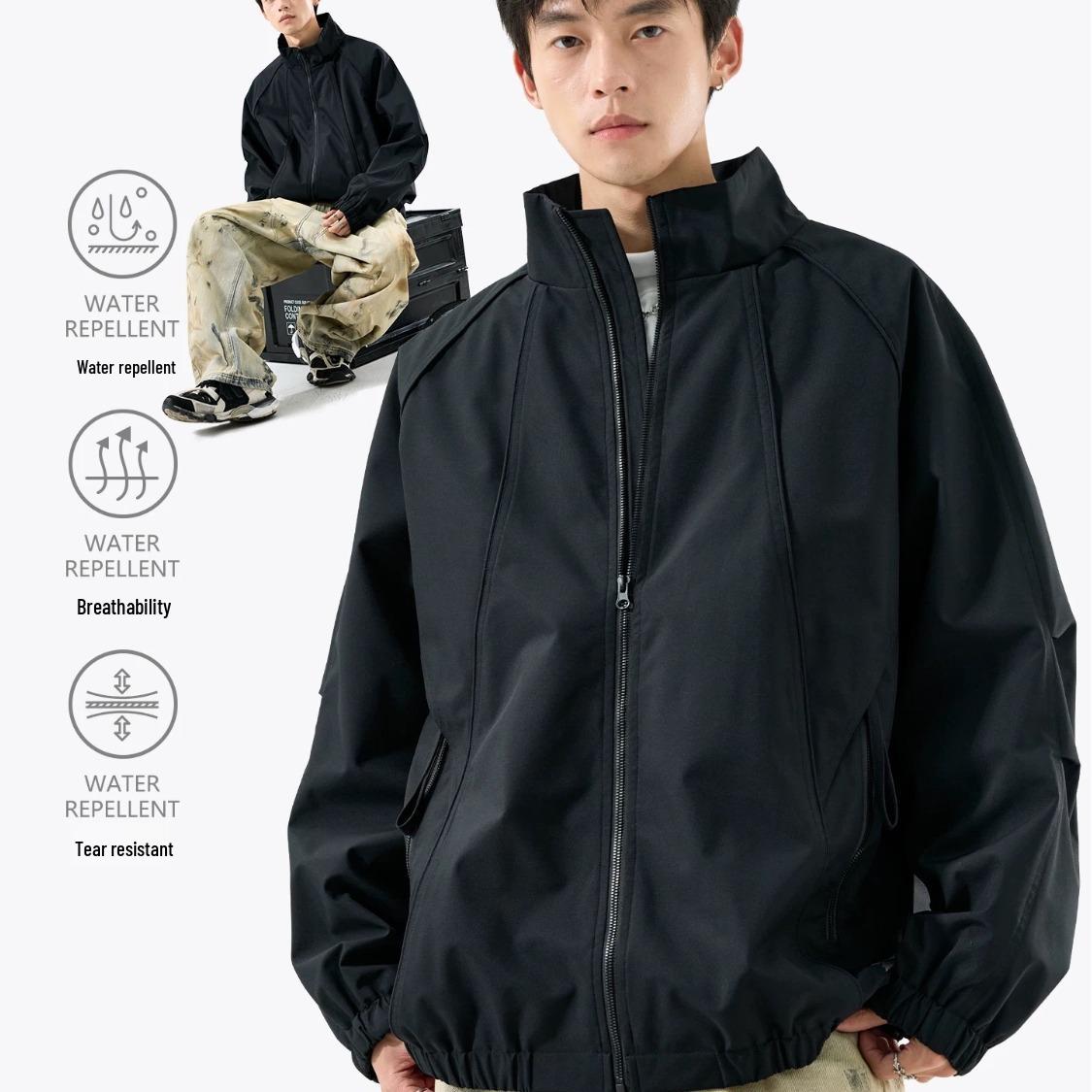 

Men s Plus Size Stand Collar Windbreaker Jacket - Spring/Autumn, American Style, Outdoor/Climbing, Sporty, Trendy, Oversized 6XL чорний