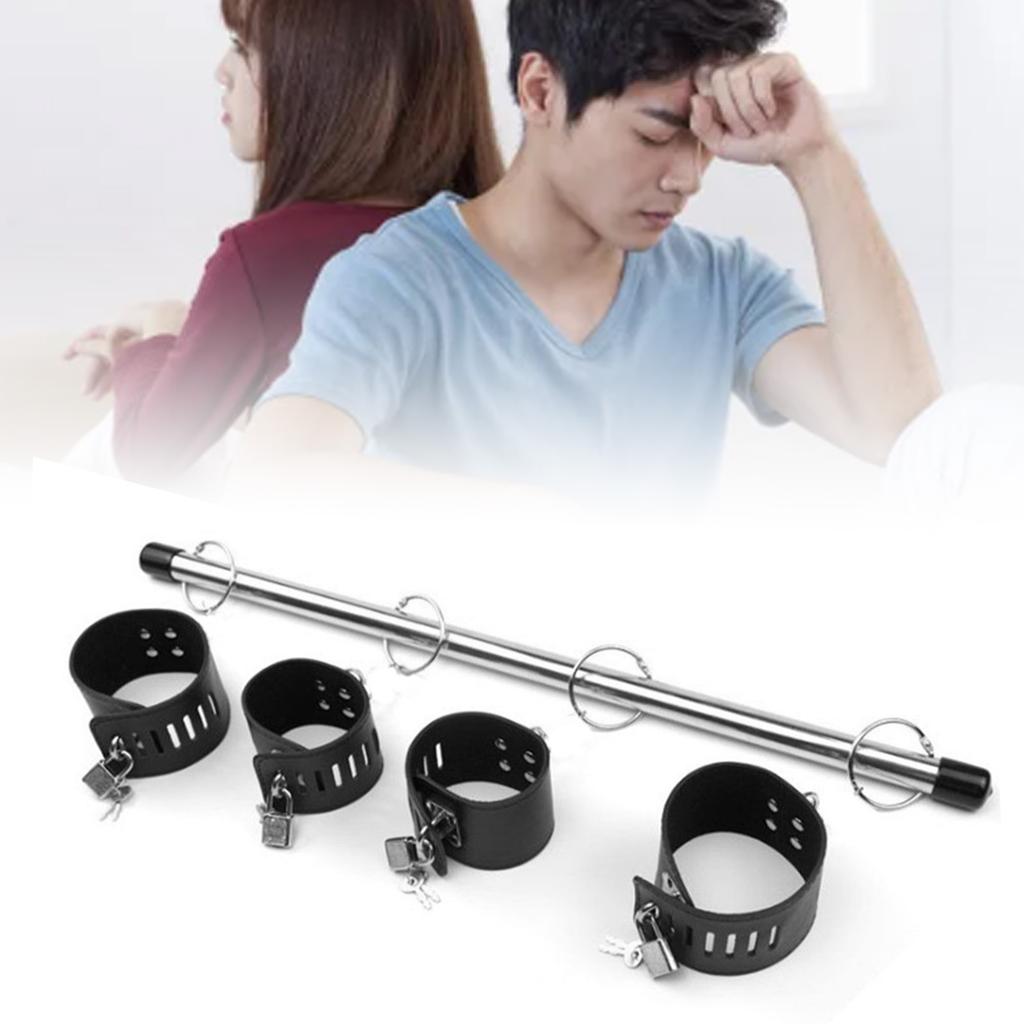 Restraint Bondage Toys with Lockable Handcuffs Ankle Cuffs Stainless Steel Bar Adjustable PU Leather Spreader Bar