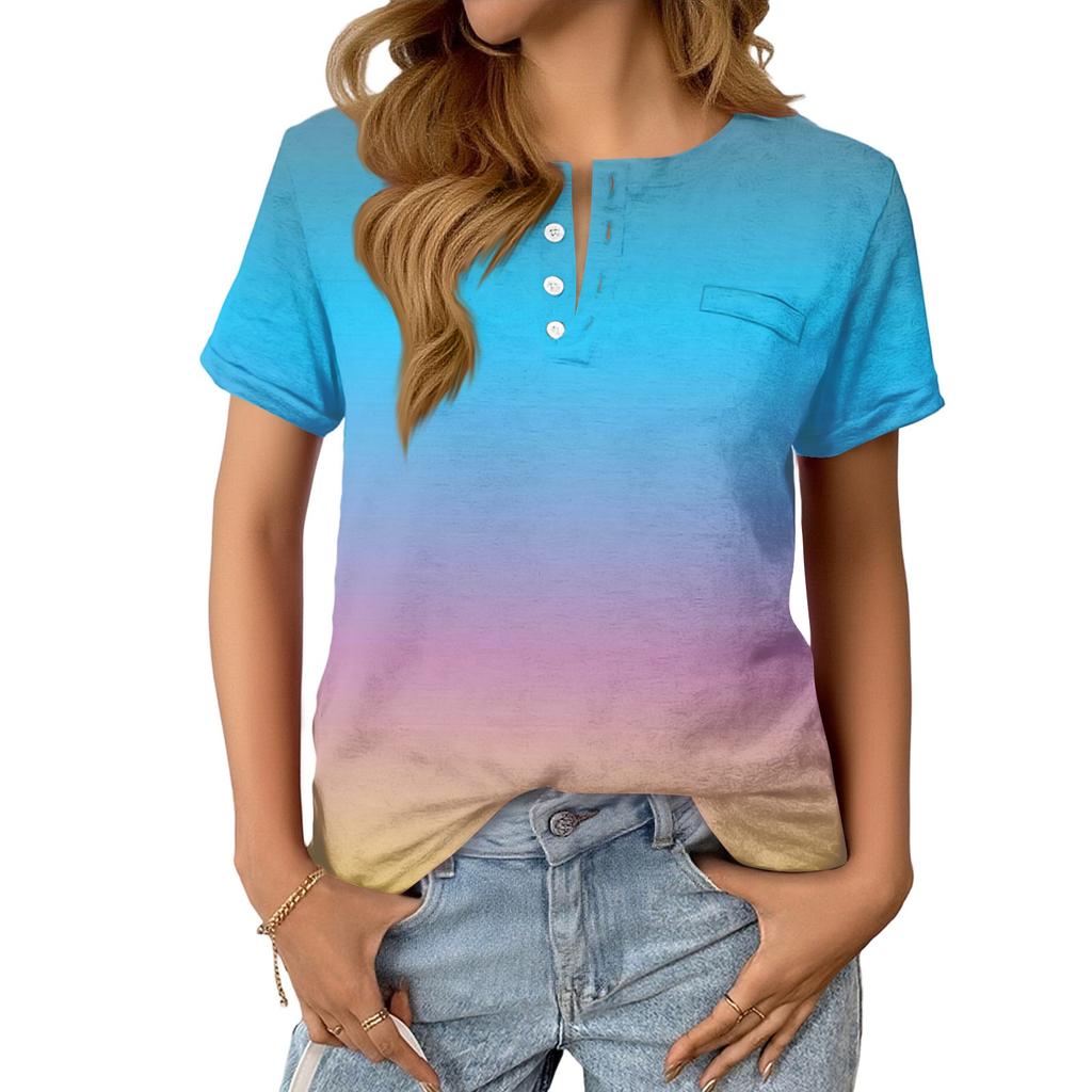 Women's Fashionable Casual Summer Gradient V-neck Button Short-sleeved Top