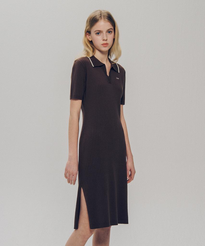 Yale Slit Neck Half Sleeve Knit Dress_Brown