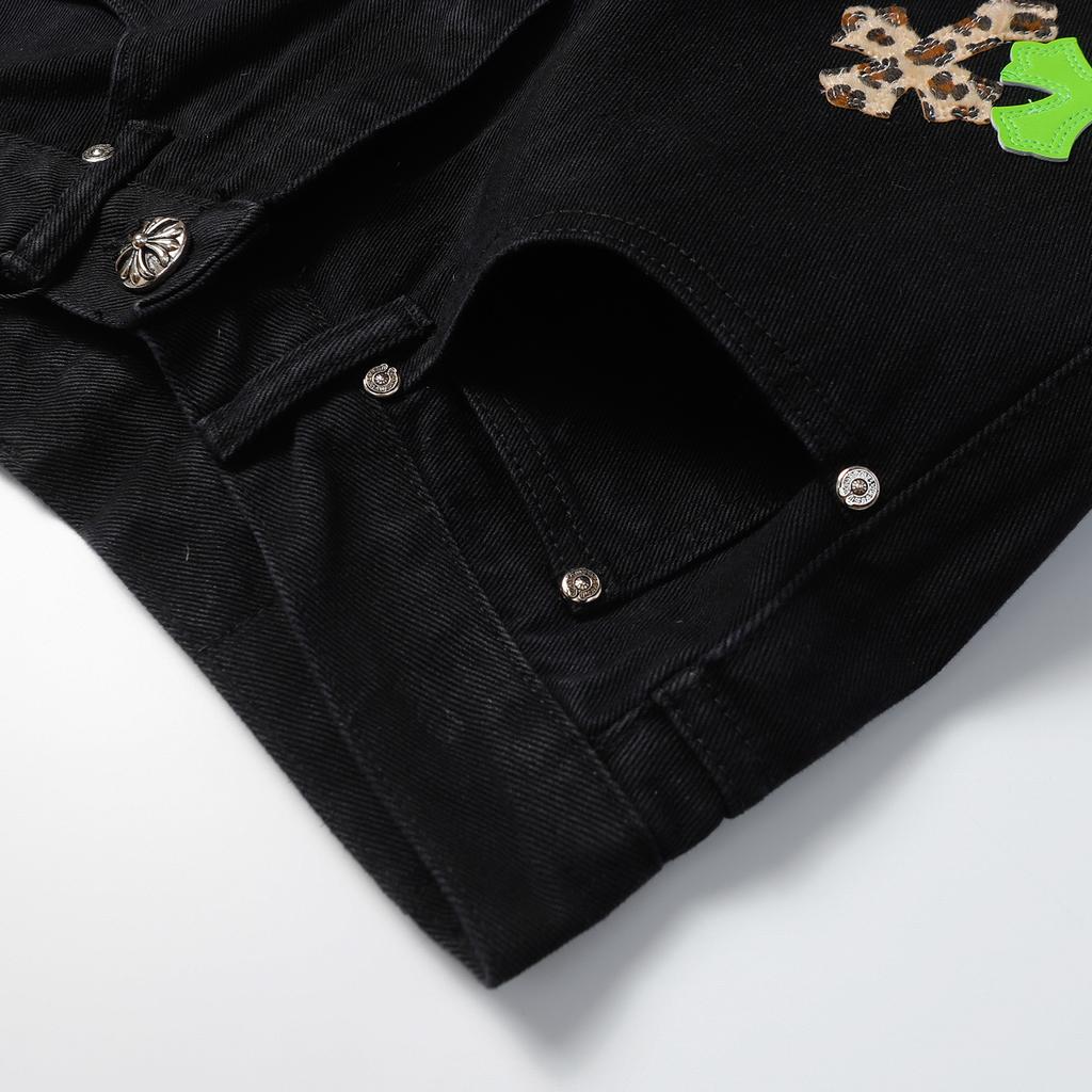 9922 CHROME HEARTS Men's and Women's American Style Trendy Jeans with Fabric Patches, Casual and Fashionable High Street Pants