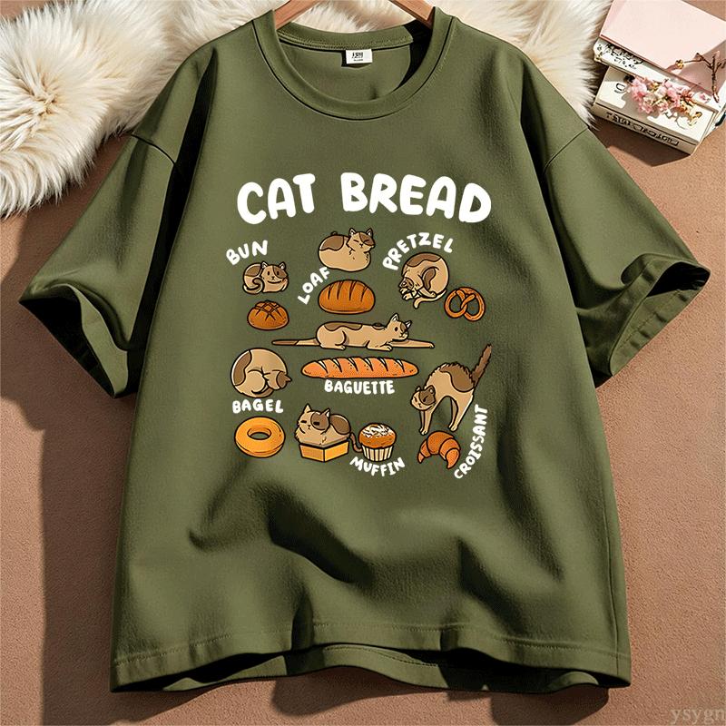 Funny Cat Bread Art Print Womens Crew Neck Short Sleeve T Shirt Cute Kitten Bakery Food Cartoon Casual Graphic Tees For Ladies