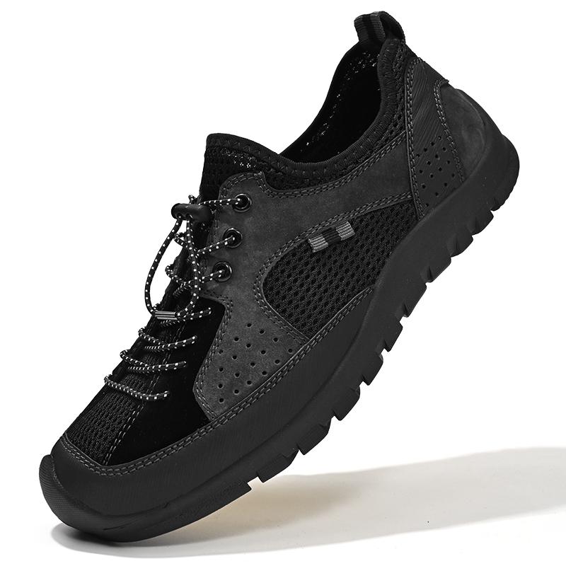 Summer New Elastic Band Outdoor Mesh Shoes Genuine Leather Men Casual Shoes Outdoor Mens Sneakers Male Comfortable Walking Shoes