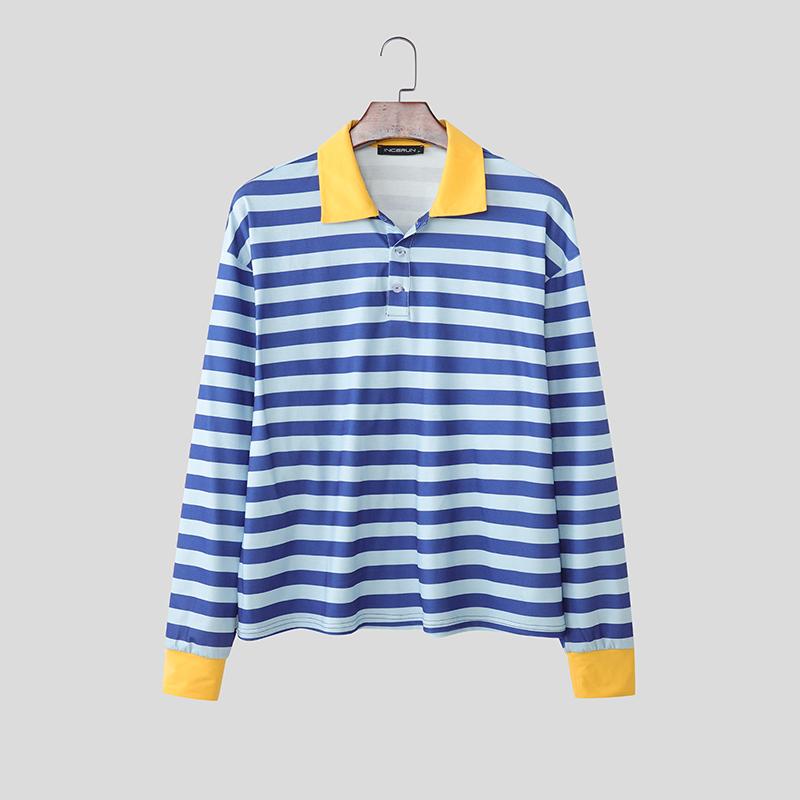 INCERUN Men Lapel Neck Long Sleeve Stitching Striped Casual Oversized T-shirts Tops