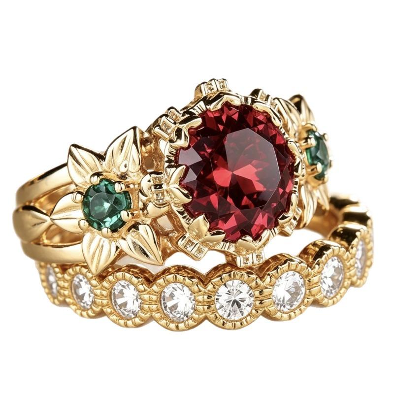 Luxury New Luxury Flower Ring, Gold-plated with Red Gemstones, European Beautiful Women's Hand Jewelry