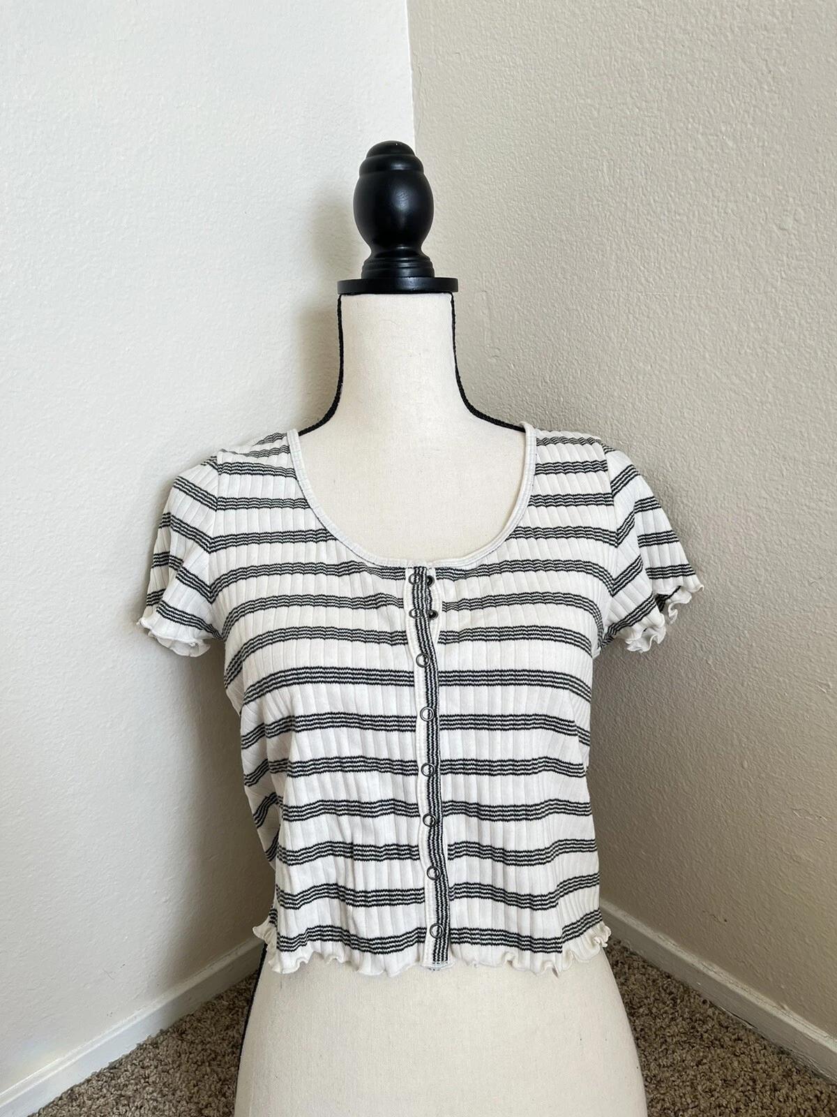 Американский орел Черно-белая полосатая ребристая футболка-henley с оборками Размер Medium M