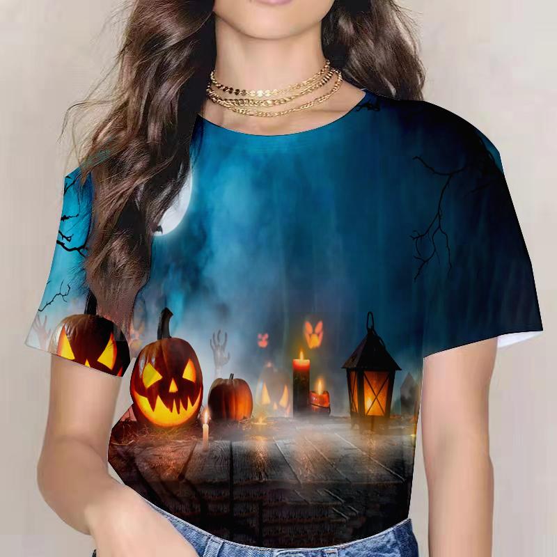 2021 Glad Halloween Dam T-shirt Mode Trendiga Kläder 3d-tryckt Pumpa Miko Polyester Rundhals Bekväm Topp Lös