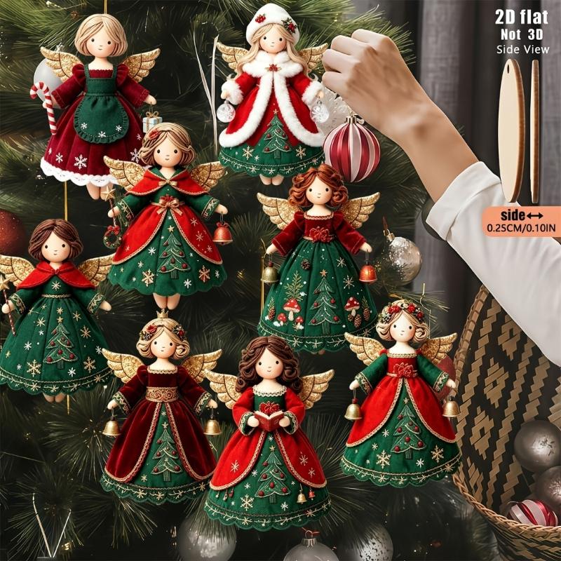 Corded Christmas Angel Decorations, Illustrated Wooden Figures for Seasonal Displays, Gift Bags, Wreaths, and Mantels