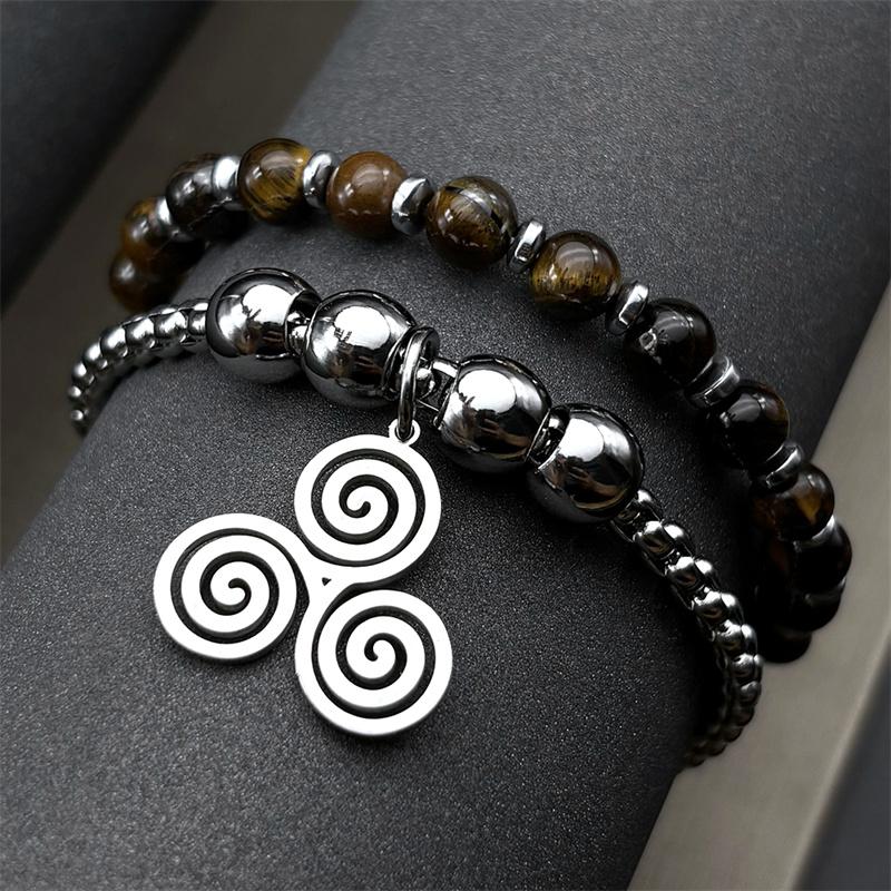 Tiger Eye Stone Beads Celtic Knot Triskele Triskelion Bracelet Stainless Steel Gold Color Triple Spiral Hand Chain Witch Jewelry