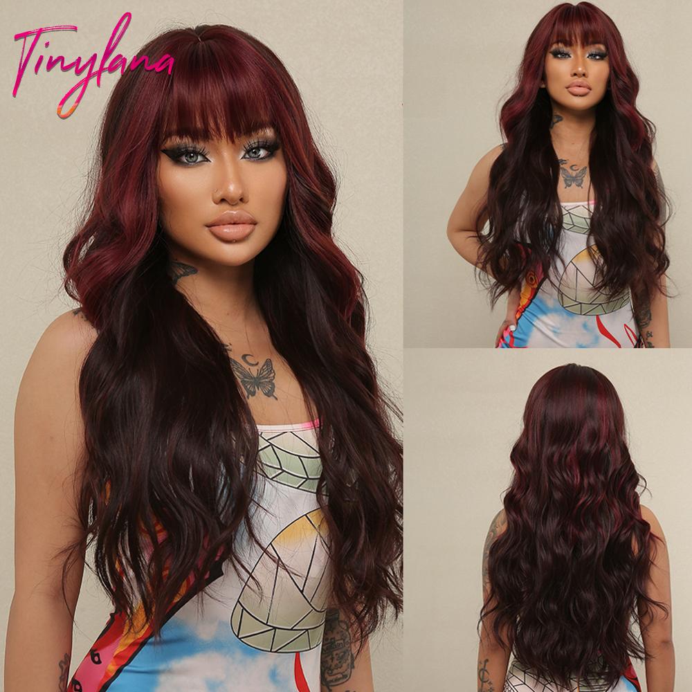Lang Golvend Bordeaux Donkerrood Synthetisch Haar Pruiken met Pluizige Pony voor Vrouwen Wijnrood Body Wave Halloween Cosplay Natuurlijke pruik