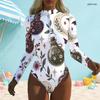 Women Plus Size White High Neck Front Zip Long Sleeve One Piece Printed Swimsuit
