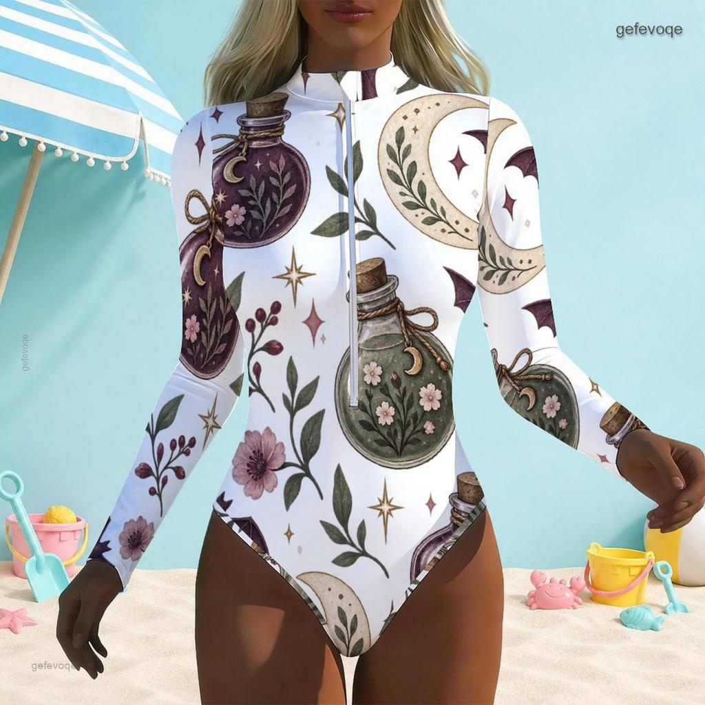 Women Plus Size White High Neck Front Zip Long Sleeve One Piece Printed Swimsuit
