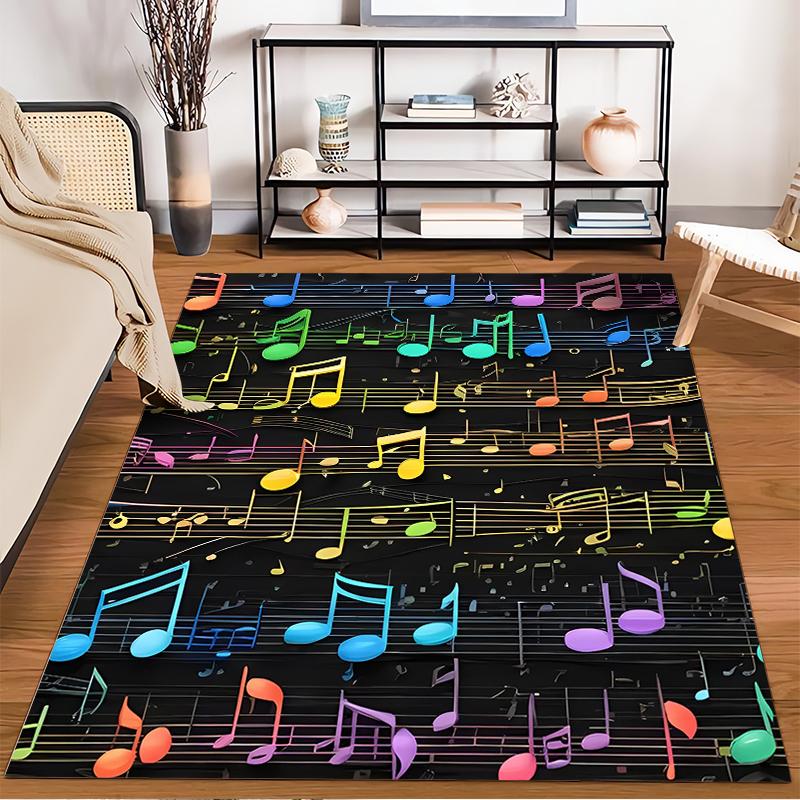 Colorful Musical Notes Pattern Carpet with Black Background for Home Decor Suitable for use as an anti-slip for living room bedroom sofas