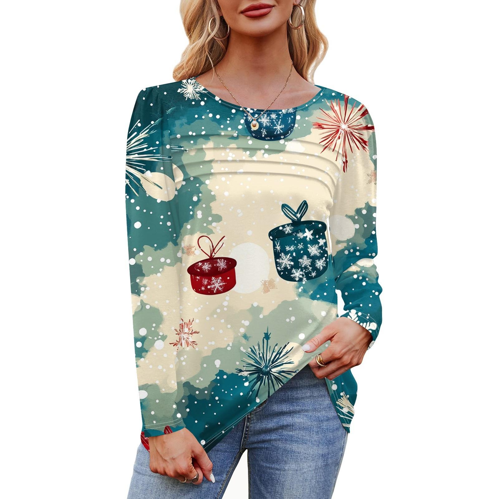 

Женская футболка с круглым вырезом и длинными рукавами с принтом рождественской елки и снежинки XXL зелёный